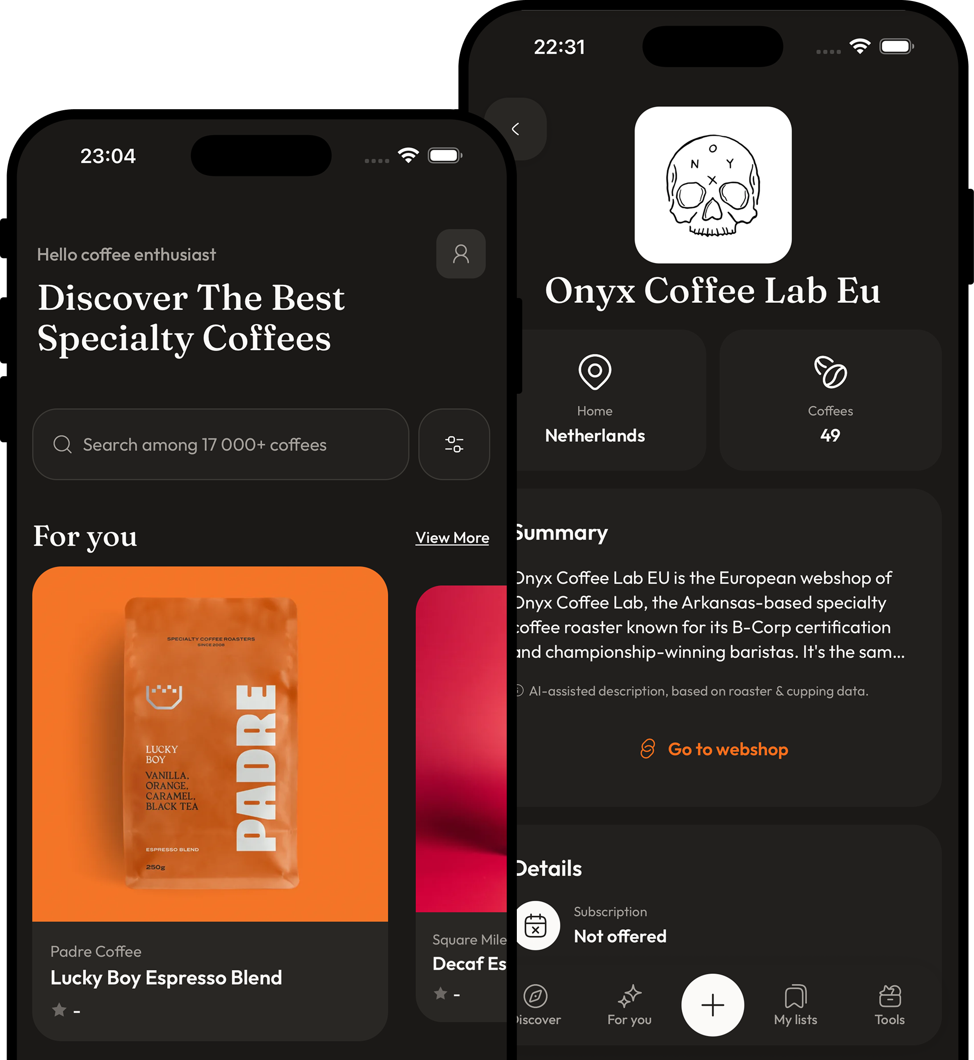 The Cuppd iPhone app: the discover screen with personal recommendations, and a roaster profile