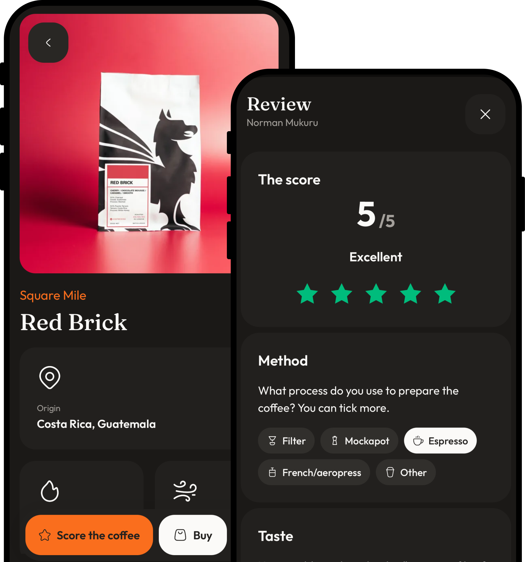 The Cuppd iPhone app: a coffee page with the score button, and the review sheet scored five out of five