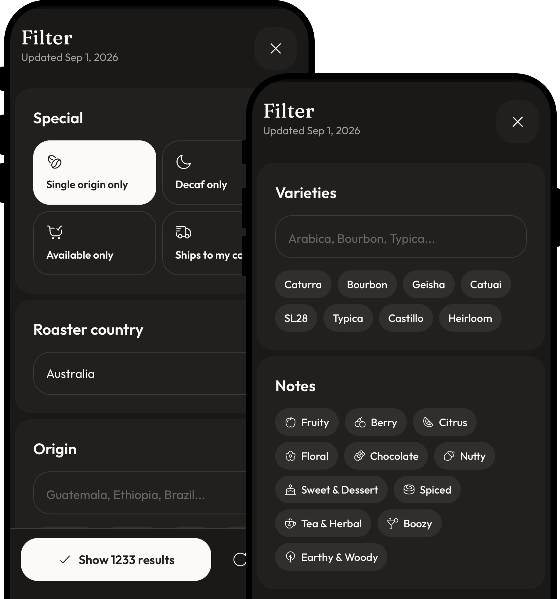 The Cuppd app's filter sheet: special filters, roaster country, origin, varieties and tasting notes
