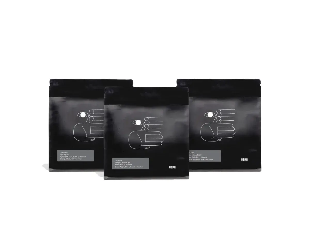 Three black Origin Coffee filter coffee bags