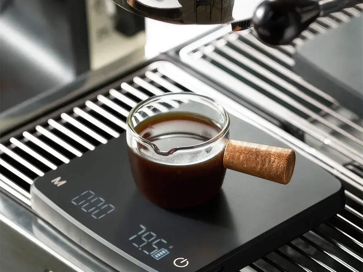 Black coffee scale weighing espresso under an espresso machine