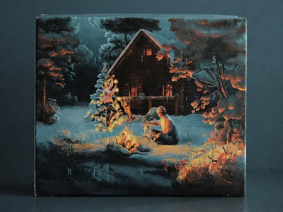THE BARN advent calendar box with an illustrated winter cabin scene