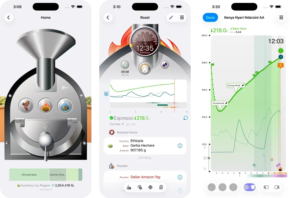 Roastmaster app screens showing roast profile curves and green coffee inventory