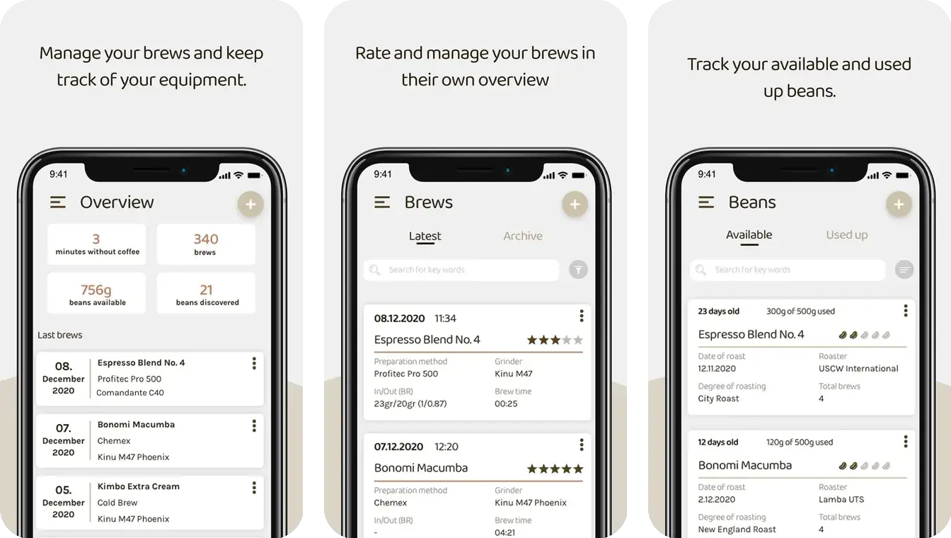 Beanconqueror app screens showing the brew overview and detailed brew parameters