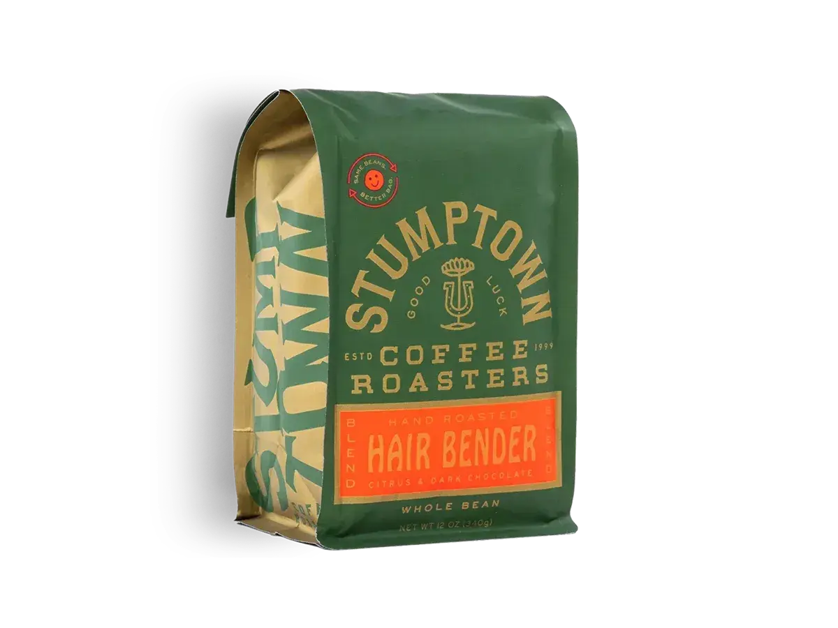 Green bag of Stumptown Hair Bender whole bean coffee
