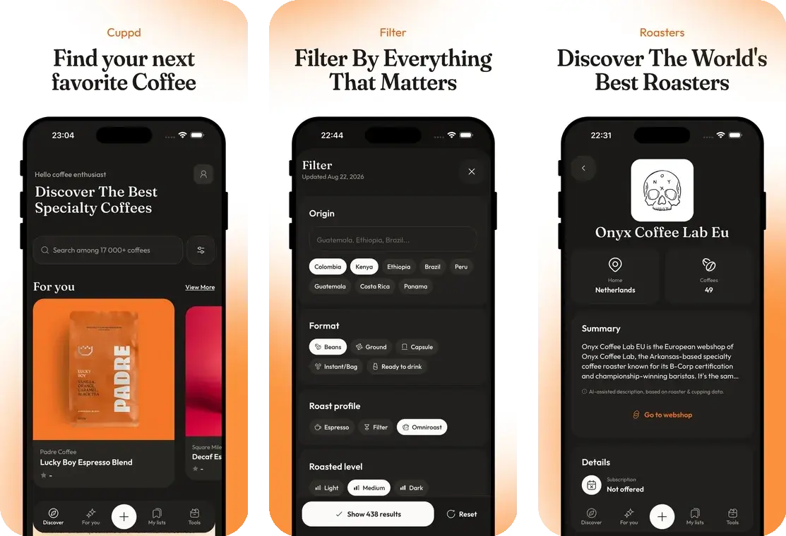 Cuppd app screens showing coffee discovery, the filter sheet and a roaster profile