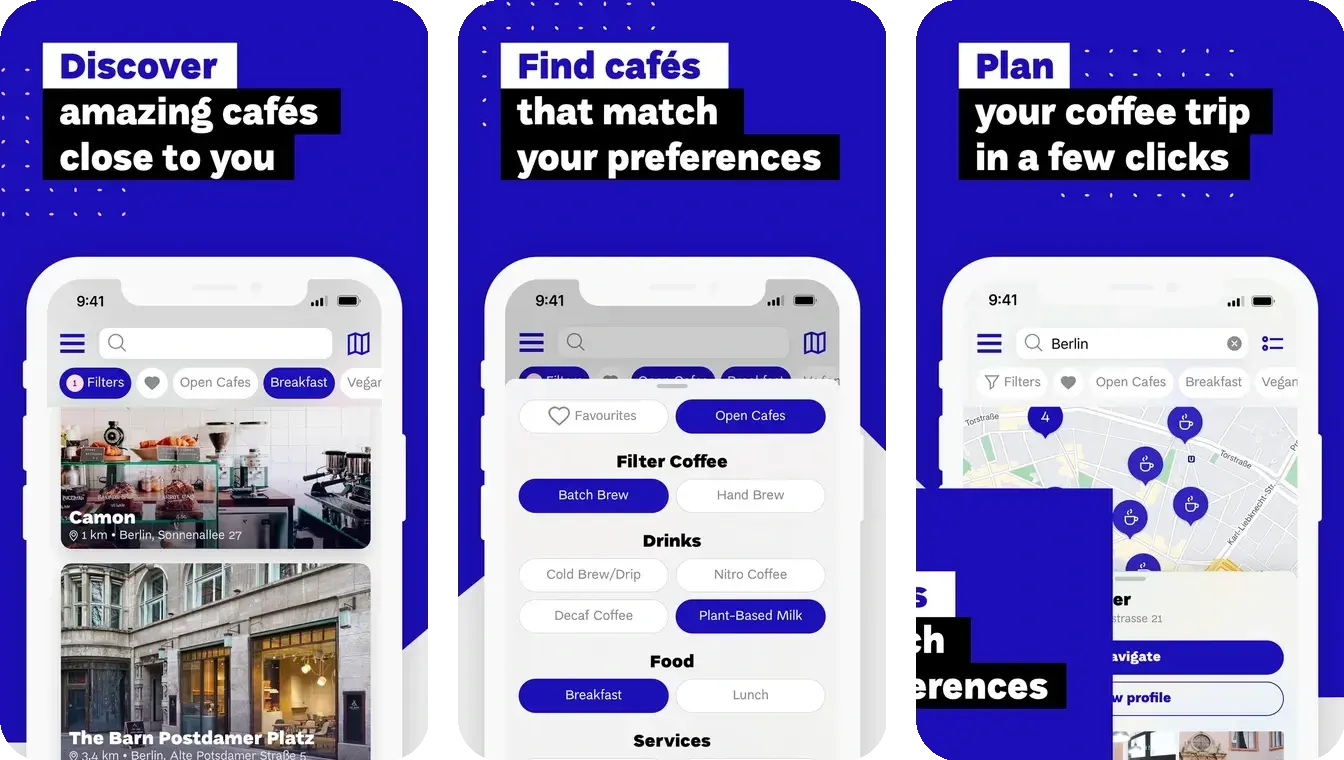 European Coffee Trip app screens showing the specialty café map and a café profile