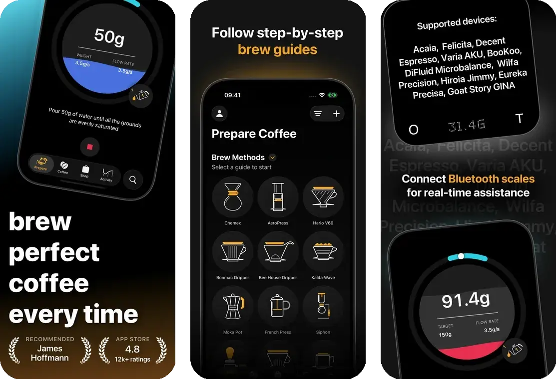 Filtru app screens showing a guided brew timer and brew graph